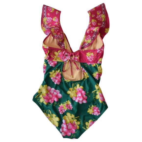Pink and Green Raspberry Grapes Ruffle One Piece Swimsuit Size Medium - Picture 5 of 9